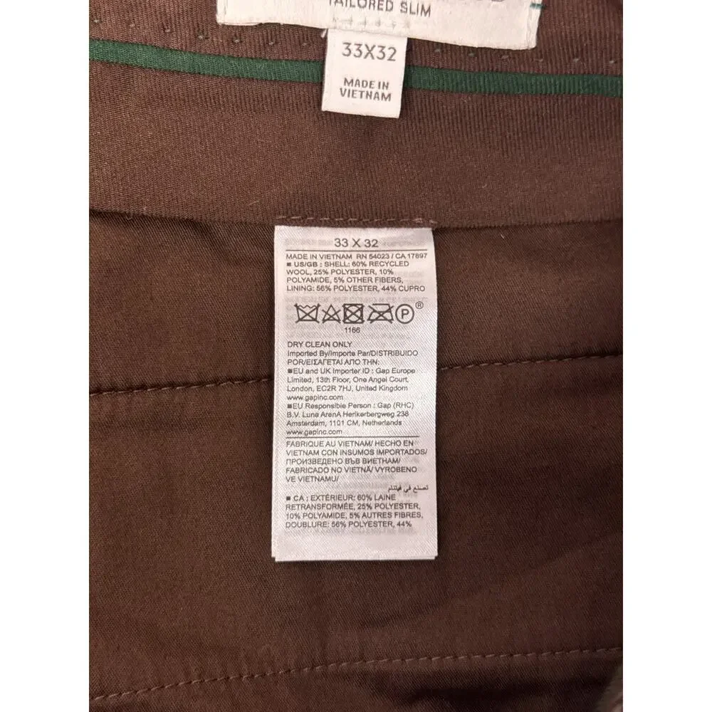 New Banana Republic Pants 33 x 32 Italian Wool Tailored Slim Windowpane Tweed